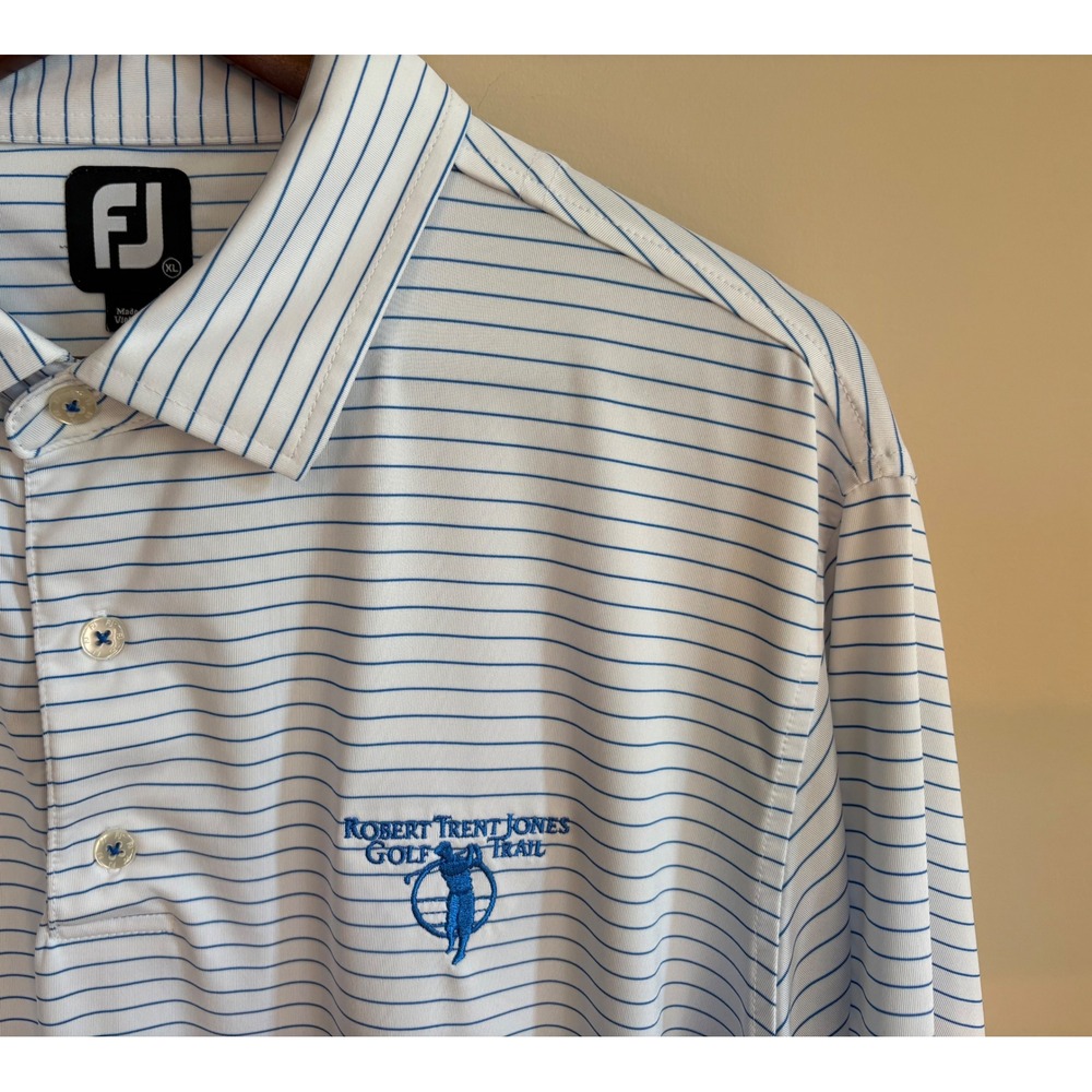 FootJoy Mens XL Golf Polo Shirt Robert Trent Jones Golf Trail Striped White Blue